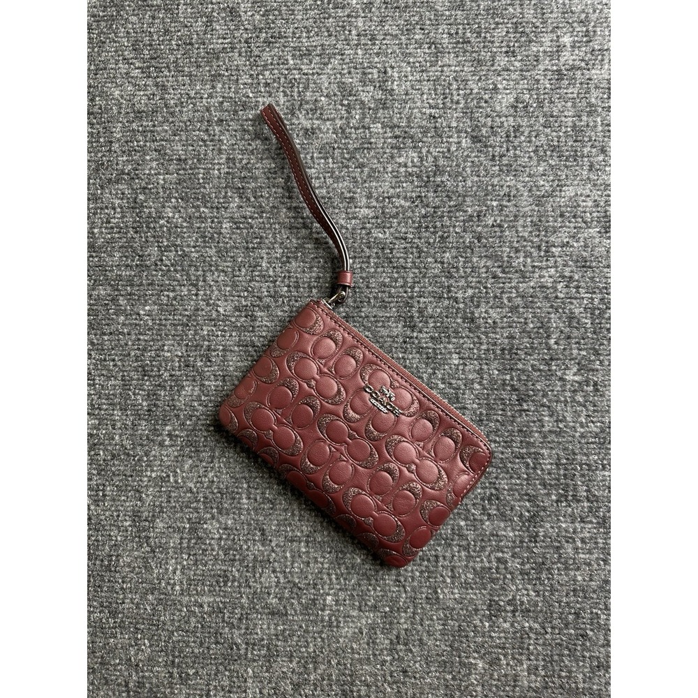 Womens Wristlet Coach Signature C Glitter Burgundy Leather, Size One Size